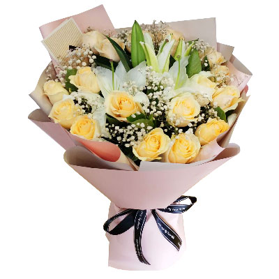 新乡17朵香槟玫瑰百合，爱不惧风雨